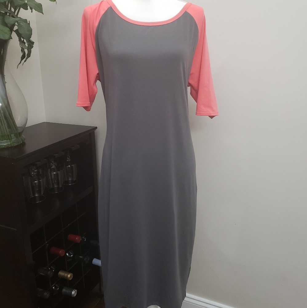 LuLaRoe Loose Fitting Gray/Pink T Shirt Dress